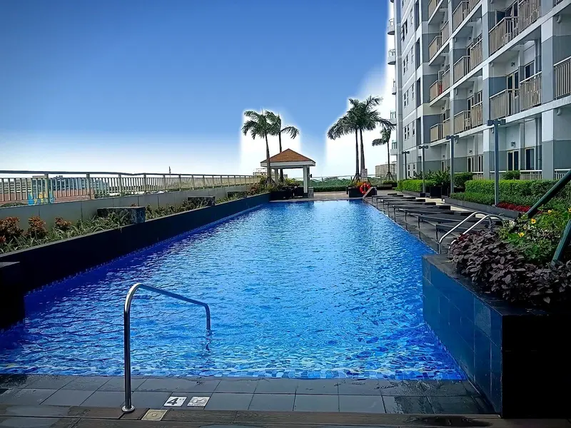 The pool deck with palms and the tower behind